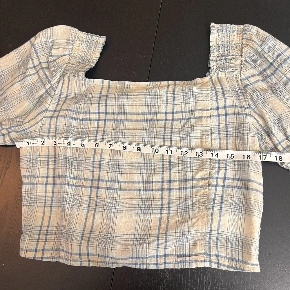 Oak + Fort Plaid Cropped Top Size M Cotton Puff Sleeve Blue Summer Western *READ